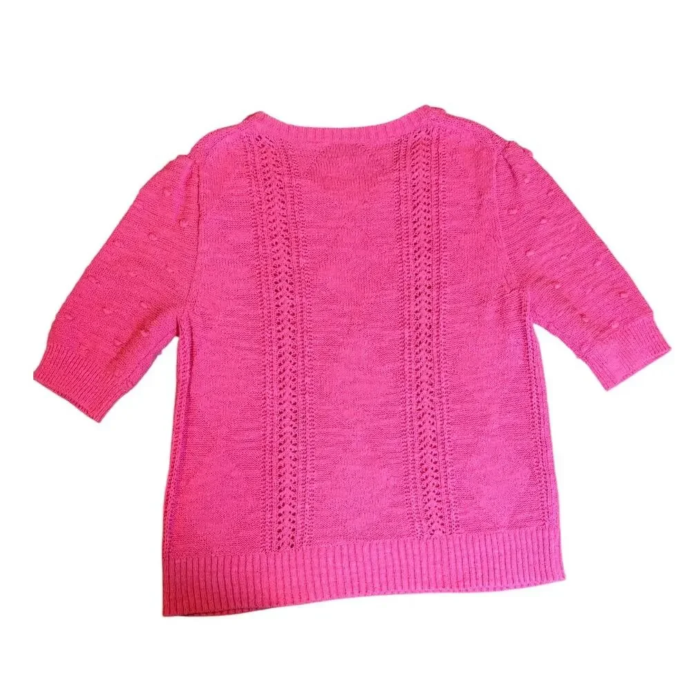 J. CREW Women's Short Sleeve Pointelle Sweater LARGE Pink Bobble Pom Open Knit